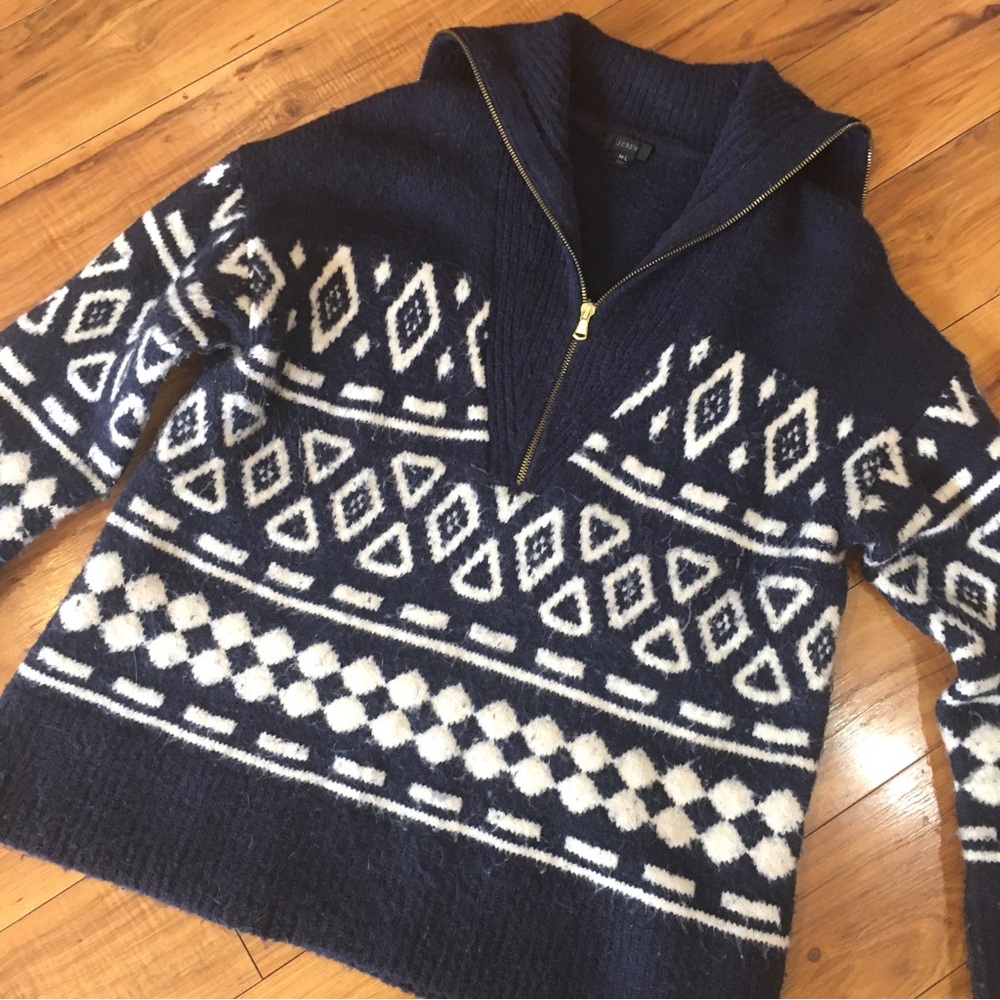 J Crew shrug poncho sweater Alpaca merino wool ski lodge style blue white medium